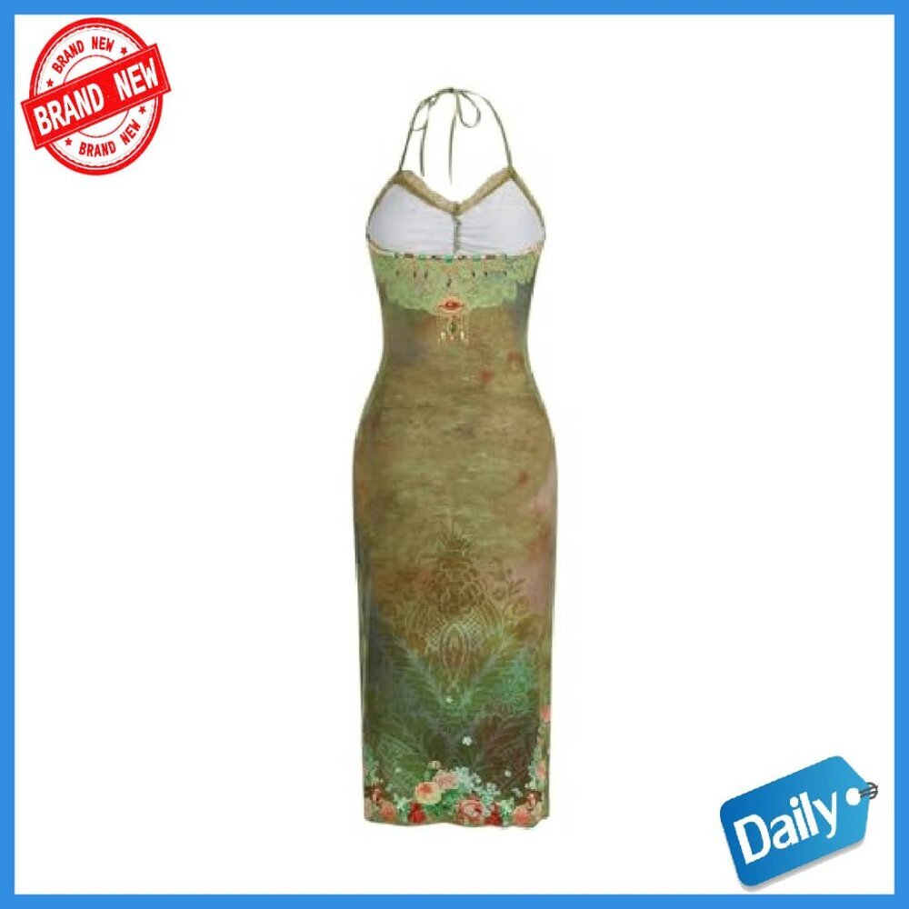 Floral Lace Trim Halter Neck Slit Hem Cami Midi Dress - Picture 3 of 6